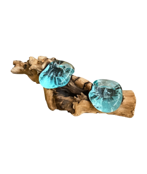 Waxinehouder glas op hout (80075)