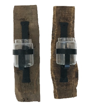 Wall candleholder glass on wood+/- 13 H45cm (5451)