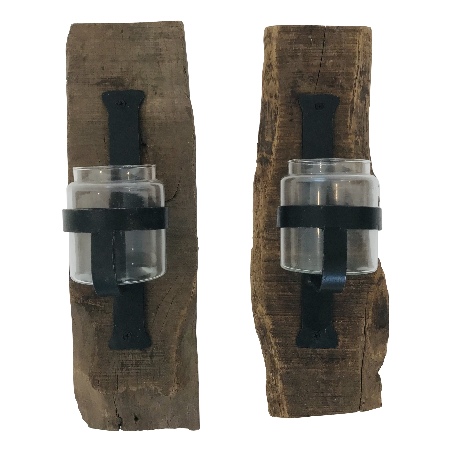 Wall candleholder glass on wood+/- 13 H45cm (5451)
